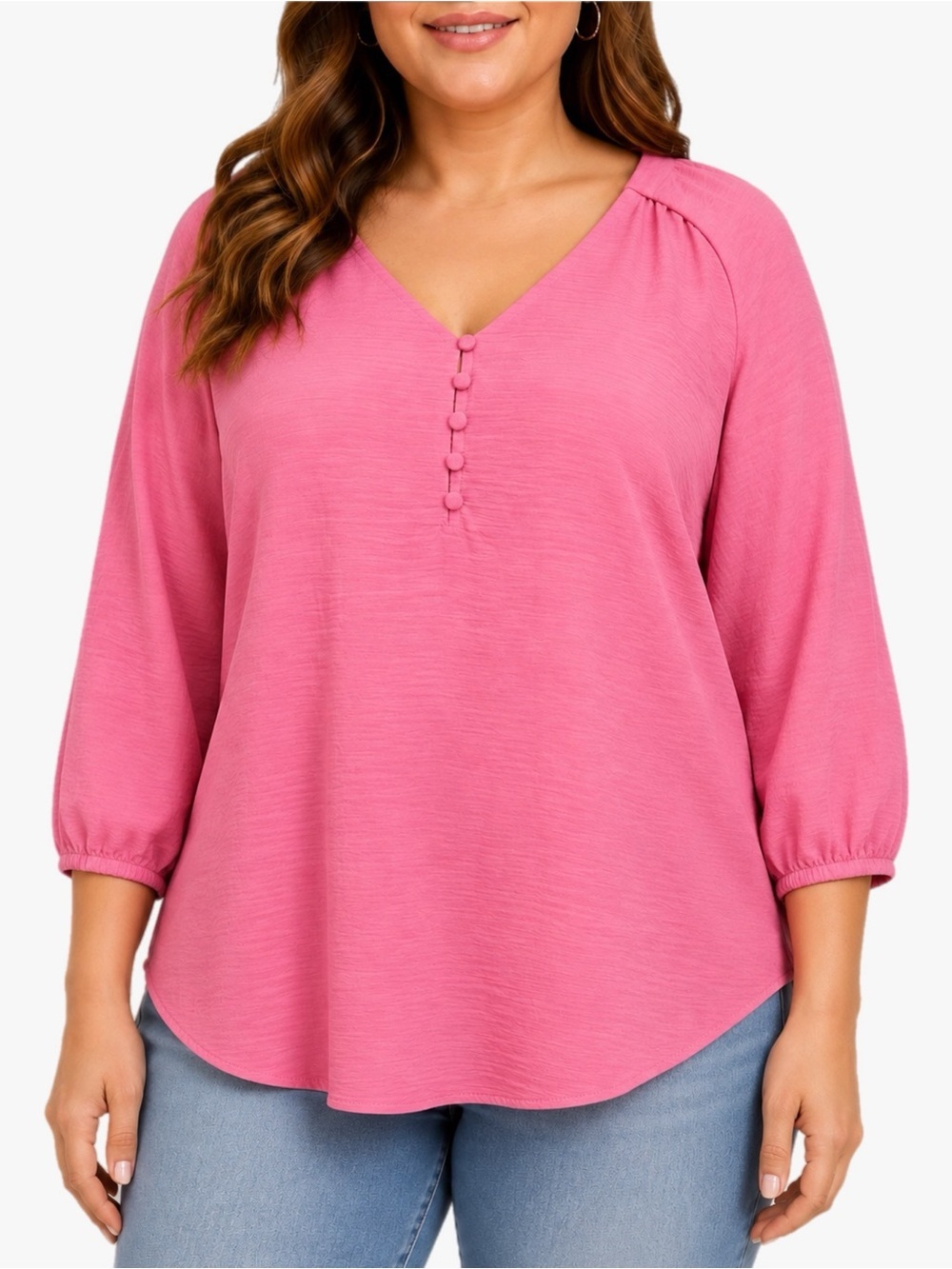 Cato Plus Size 18/20W Pink Textured V Neck Button Front Blouse Puff Sleeve